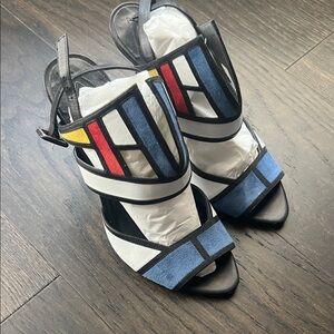 Vero Cuoio Colorblock Open-Toe Heels in Blue, Red, Yellow & White